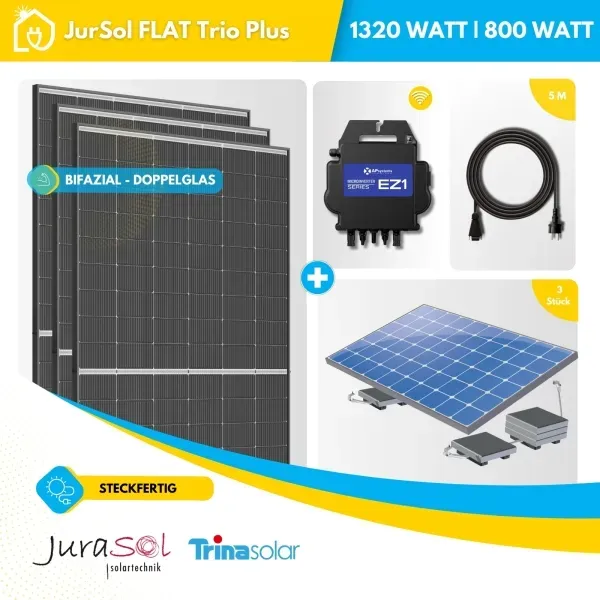Balkonkraftwerk für Flachdächer APSystems - 1320 Watt 800 Watt - Bifazial Doppelglas - JurSol FLAT Trio Plus