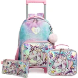 HTgroce Trolley Schultasche Mädchen Einhorn Schulrucksack mit Rollen 3 in 1 Kind Trolleytaschen-Set Schule Roulette Reise Kinder Schulranzen Mädchen Teenager