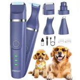 oneisall 4in1 Leise Schermaschine Hund Katze, Wiederaufladbar Hundeschermaschine&Pfotentrimmer&Krallenschleifer mit 4 Multifunktions-Schneidköpfen für Körper, Pfoten, Augen, Ohren, Gesicht (Blau)