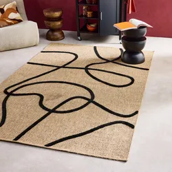 Indoor Teppich mit Jute-Optik, schwarzes grafisches Reliefmuster Schwarz - sweeek