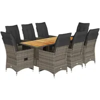 vidaXL 9-tlg. Garten-Bistro-Set mit Kissen Grau Poly Rattan