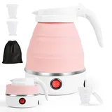 Faltbarer Wasserkocher, 600ml Wasserkessel Tragbarer Mini Reisewasserkocher, Faltbar Silikon Wasserkessel mit 2 Faltbecher, Reise Wasserkocher Faltbar Elektrisch Klein für Camping, Outdoor (Rosa)