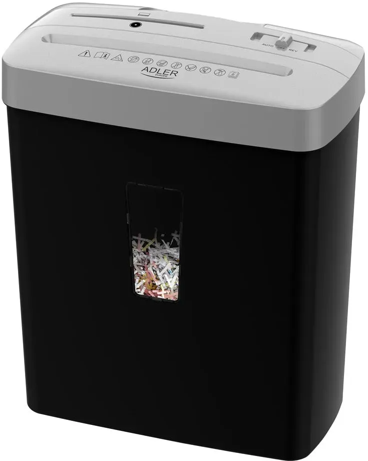 Adler AD 1037 Aktenvernichter P-4, Dokumentenschredder für Büro und Homeoffice, 6 Blatt A4, 13 L Behälter, Kreditkarten, CD/DVD, Rücklauf, Schwarz Silber