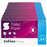 Satino Prestige Toilettenpapier 3-lagig – 64 Rollen – 150 Blatt pro Rolle – aus 100% Zellstoff - extra weiche, hochwertige Blätter – für Zuhause, Hotels, Gastronomie, Gewerbe, Industrie