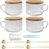 4Pcs Vintage-Kaffee Gläser Set, 450ml Latte Macchiato Gläser Set mit Deckel und Löffel, transparente Kaffeetasse Tassen für Cappuccino, Latte, Müsli, Joghurt, Milch, heiße oder kalte Getränke