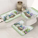 Set 3Tlg Badematten Ostern Osterhase Osterei Blume Frühlingsblume Grün Weiche Kontur Badteppich Anti-Rutsch Wc-Deckelbezug Badvorleger