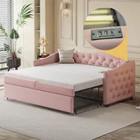 Merax Schlafcouch Ausziehbar 90 x 200 cm, Klappsofa mit USB-Anschluss, Couch Bett 2 Sitzer mit Schlaffunktion, Leinenstoff, Rosa (Ohne Matratze)