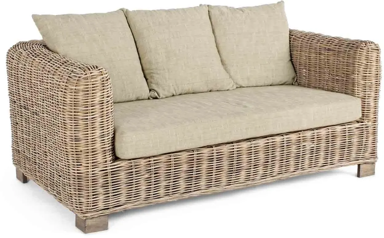 Rattansofa Fortaleza, Mangoholz und Rattan, skandinavischer 2 Sitzer, Natur, abziehbare Kissen