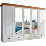 5-türiger Kleiderschrank SAVONA-69 in Kiefer massiv weiß mit honig, B/H/T: ca. 315/217/62 cm