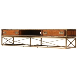 Casa Padrino Luxus Vintage Stil TV Schrank Braun / Messing 188 x 45,5 x H. 41,5 cm - Vintage Stil Sideboard mit 2 Schubladen - Vintage Stil Wohnzimmer Möbel - Luxus Wohnzimmer Möbel