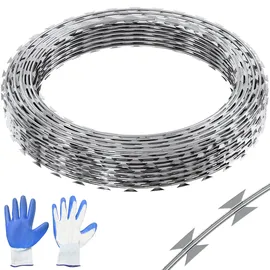 Vevor Natodraht 75 m (5 Rollen x 15 m) Stacheldraht Spirale Sperrdraht Stacheldrahtzaun (0,51 mm) scharfe Klingen und (ca. 4 mm) dicke Kerndrähte Maschendraht für außergewöhnlichen Spiralschutz