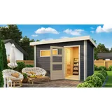 Karibu Saunahaus Helmi terragrau im Set mit 9kW -Kombiofen Gartensauna Outdoor Dampfkabine