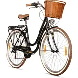 Bergsteiger Marseille 26 Zoll 28 Zoll Damenfahrrad, ab 150 cm, Korb aus Rattan, Fahrrad-Licht, Damen-Citybike, Damenrad im Retro-Design, 6 Gang Shi... - Schwarz