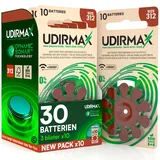 30 Batterien für Hörgeräte Größe Udirmax 312 PR41 Braun Zink-Luft Öko-Pack mit Dynamic Sonar Technologie - 3 umweltfreundliche Blisterpackungen mit 10 Hörgerätebatterien