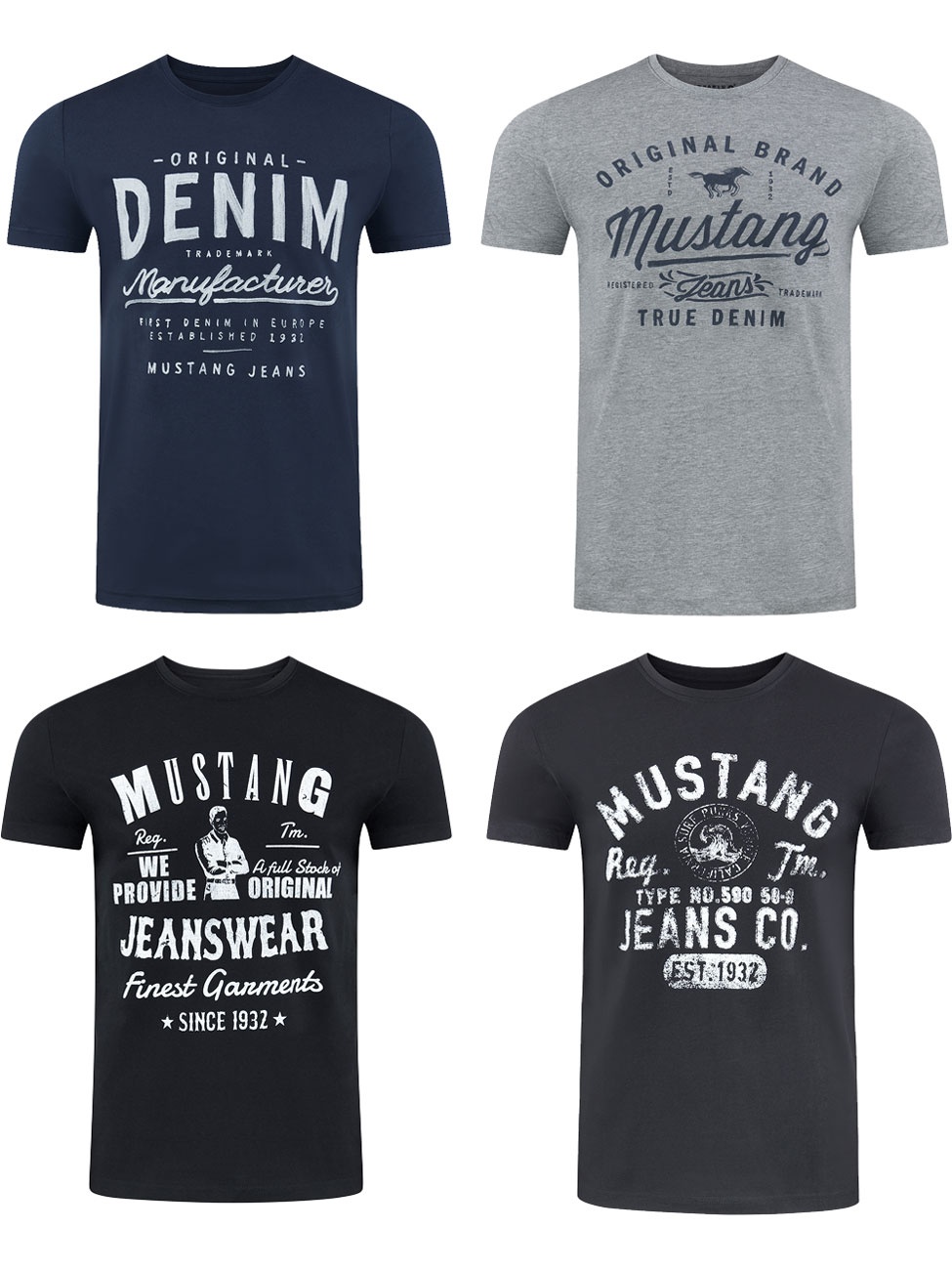 Mustang Herren T-Shirt Mustang Mehrfarbig Rundhals Regular Fit S bis 6XL 4er Pack Regular Fit Blau, Grau, Schwarz L