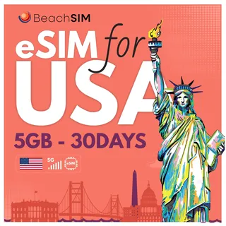 BeachSIM USA eSIM. 5GB Daten mit 4G/5G-Geschwindigkeit. Prepaid nur Daten eSIM. Schnelle Aktivierung. Einfaches Aufladen. Funktioniert mit eSIM-kompatiblen Geräten. Gültig für 30 Tage.