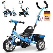 SPIELWERK Dreirad 108227, Raceline, blau, ab 1,5 Jahre, mit Gurt, Korb und Schiebestange