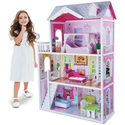 Moni Holz-Puppenhaus 4107 Aria 14-teilig mit Puppe, 3 Etagen, 4 Zimmer, Terrasse rosa