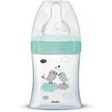 Dodie Babyflasche, Antikolik Initiation+, Glas, grün, Vogel, 150 ml, 0-6 Monate, runder Sauger, Fluss 1