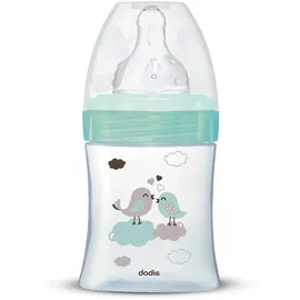 Dodie Babyflasche, Antikolik Initiation+, Glas, grün, Vogel, 150 ml, 0-6 Monate, runder Sauger, Fluss 1
