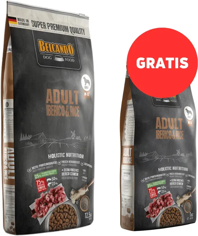 BELCANDO Adult Iberico & Rice M-XL 12,5 kg Trockenfutter für Hunde mittlerer und großer Rassen + 1 kg Futter GRATIS