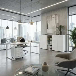 KADIMA DESIGN Büro-Set MUENCHEN 5-teilig weiß Glasfront Abschließbar Schreibtisch, Container, 2 Schränke, Regal