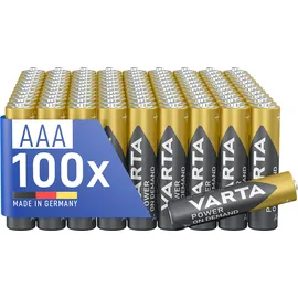 Varta Batterien AAA, 100 Stück, Power on Demand, Alkaline, 1,5V, Vorratspack in umweltschonender Verpackung, ideal für Computerzubehör, Smart Home Geräte, Made in Germany [Exklusiv bei Amazon]