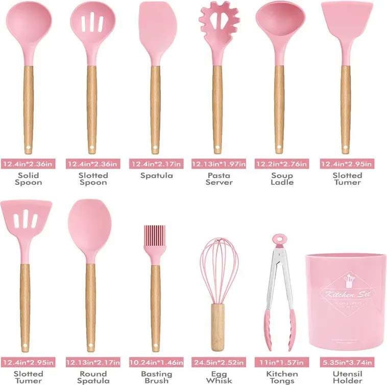 MEOKY 12-teiliges Silikon-Küchenhelfer-Set mit kleinem Halter - Rosa