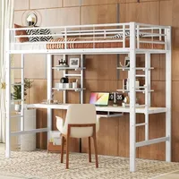 Okwish - Hochbett, 90 x 200 cm, Metallbettgestell, Eisenbett, Hochbett mit Schreibtisch und zwei Regalen für Kinder, Jugendliche und Erwachsene, Weiß