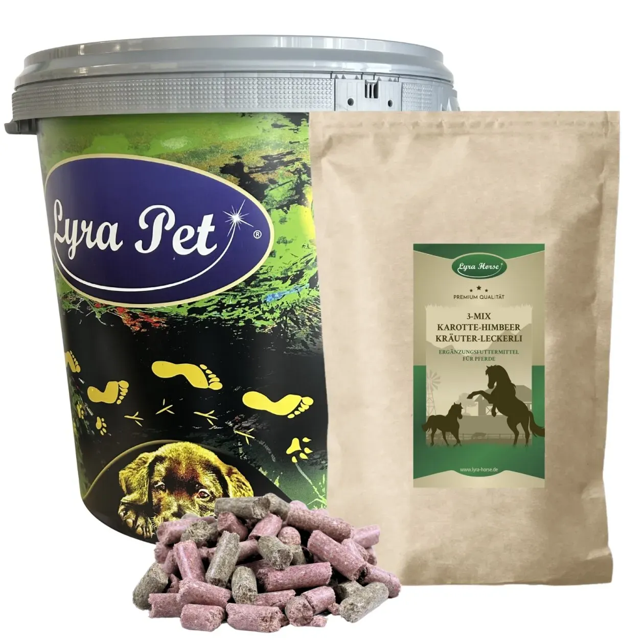 5 kg Lyra Horse® Karotte-Himbeer-Kräuter Leckerli in 30 L Tonne