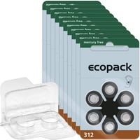 60x ecopack Hörgerätebatterien 312 (Braun), 10x6er Blister 1,4V + Aufbewahrungsbox für 2 Hörgerätebatterien (10, 13, 312, 675), transparente Batteriebox