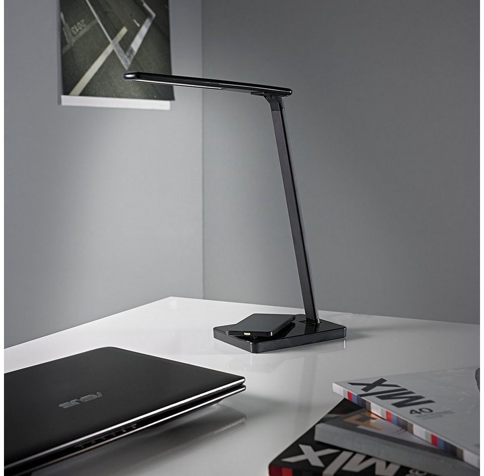 MeLiTec Tischleuchte LED QI Schreibtischlampe T96-1, LED fest integriert, warmweiß, neutralweiß, kaltweiß, mit QI Ladefläche für das induktionsbasierende Laden von Smartphones schwarz