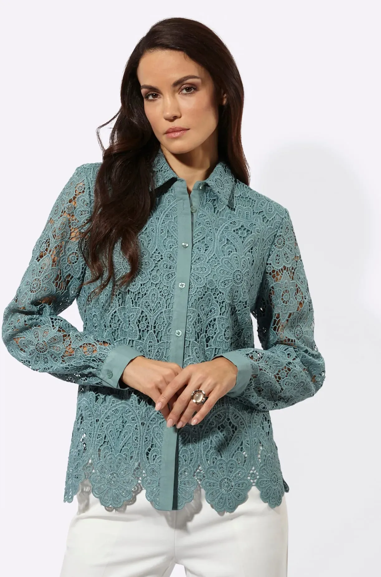 Spitzenbluse LADY, Damen, Gr. 48, jade, 100% Polyester, unifarben, Blusen Spitzenbluse