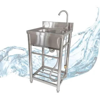 Lemodo Spültisch freistehend, Wasserhahn mit Gartenschlauch-Anschluss, Spülbecken, Größe M - Silber
