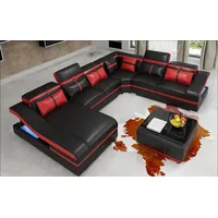 JVmoebel Wohnlandschaft Leder-Sofa in U-Form mit Couchtisch in Schwarz, Made in Europa rot|schwarz