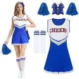 Kitimi Cheerleader Kostüm Damen für Erwachsene, Cheerleadering Outfit Fancy Dress Uniform mit Pompoms Haargummi Socken, High School Cheerleader Kostüm für Verkleidung Karneval Party Cosplay Fasching