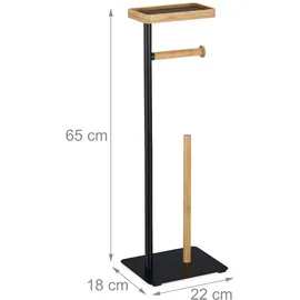 Relaxdays Toilettenpapierhalter mit Ablage, WC Rollenhalter stehend, Klopapierständer, Eisen und Bambus, schwarz/natur