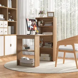 Costway Schreibtisch mit Bücherregal, Computertisch mit 6 Regalen, PC-Tisch mit Regal rechts oder Links, Bürotisch, 122 x 56 x 122 cm Natur