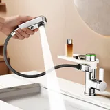 KAIYING Einhebelmischer Waschtischarmatur mit Herausziehbarer Brause, Bad Wasserhahn Ausziehbar mit 3 Modi, Einloch Mischbatterie Waschbecken mit Temperaturanzeige (Batterielos) (Chrom)