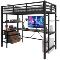 OKWISH Hochbett Funktionsbett,Einzelbett,Jugendbett,Kinderbett,Stauraumbett (Hochbett 90x200 cm mit Ambientelicht, Schreibtisch, USB-Steckdose, 3 Schubladen & Regalen, Sicherheitsgeländer, Treppe) ohne Matratze schwarz