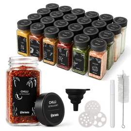 CLP Gewürzgläser eckig 24er Set (120ml), Gewürzstreuer klein mit Streueinsätzen und Etiketten, inkl. Trichter und Reinigungsbürste Farbe schwarz Material Edelstahl