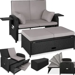 tectake® Rattan Sofa, mit Aluminiumgestell, zur Liege wandelbar, mit Stauraum und Schutzhülle