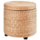 Homcom Sitzhocker mit Stauraum Deckel Abnehmbar, Stroh Rattan Khaki Ø43 x 43 cm Wohnzimmer, Hocker, Sitzhocker