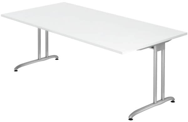 Schreibtisch weiß rechteckig, C-Fuß-Gestell silber 200,0 x 100,0 cm