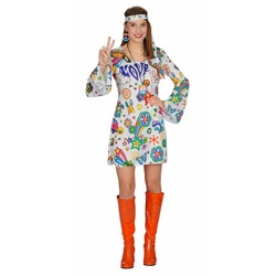 Metamorph Kostüm Comic Hippie Kostüm, Hippiekleid mit Symbolen der Flowerpower-Bewegung weiß 48-50METAMORPH