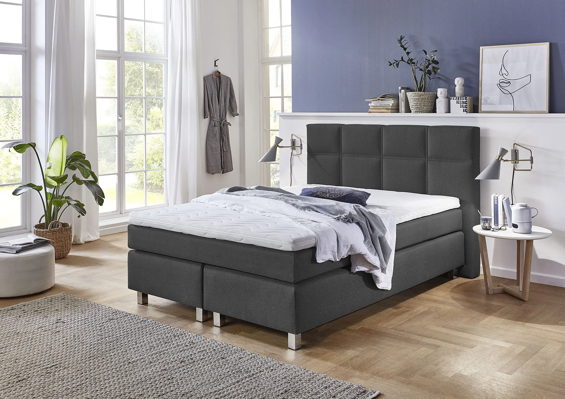 Boxspringbett WESTFALIA SCHLAFKOMFORT, grau (charcoal), B:155cm L:210cm, Bezug Bett: Feinstruktur 100% Polyester, Bezug Bonnell-Federkernmatratze: 100% Polyester, Bezug Kaltschaummatratze: 100% Polyester, Bezug Tonnentaschenfederkernmatratze: 80% Baumwolle, 20%Polyester, Topper: Komfortschaum mit Bezug 100% Polyester, Komplettbetten, Boxspringbett, mit Topper