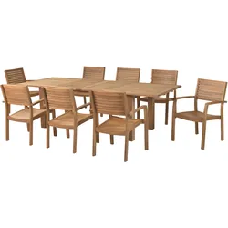 Garten-Essgruppe MERXX "»Batavia«", beige (natur, natur, natur), Auszugsplatte, ausziehbar-stapelbar, Massivholz, Sitzmöbel-Sets, Sessel stapelbar, Doppelausziehtisch Beine 9x9 cm stark