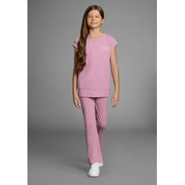 H.I.S. T-Shirt H.I.S "2er Packung Shirts mit modischen Bund für Mädchen", Mädchen, Gr. 140/146, schwarz (schwarz, rosa), Jersey, Obermaterial: 95% Baumwolle, 5% Elasthan, bedruckt, Basic hüftlang, Rundhals, angeschnitten Aufschlag, Shirts T-Shirt, Für TEENS.