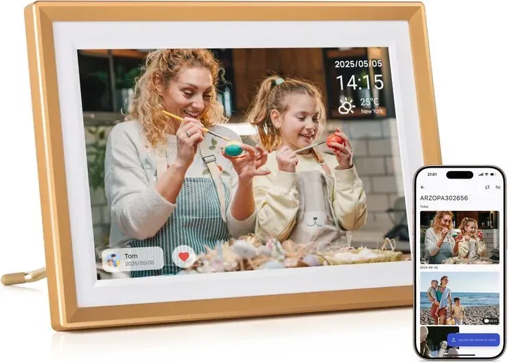 ARZOPA D10 Digitaler Bilderrahmen aus Metall, 10,1 Zoll, mit kostenlosem Cloud-Speicher, WLAN-Bilderrahmen, Digital-HD-Touchscreen, ohne Abonnement, Fotos und Videos teilen, individuelle Grußkarte zum Verschenken – D10 Gold