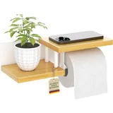 ElbFuchs® Toilettenpapierhalter Holz Bambus [KLEBEN oder Bohren] | hochwertiger Klopapierhalter ohne Bohren mit Ablage | weiß | Klorollenhalter | WC Rollenhalter
